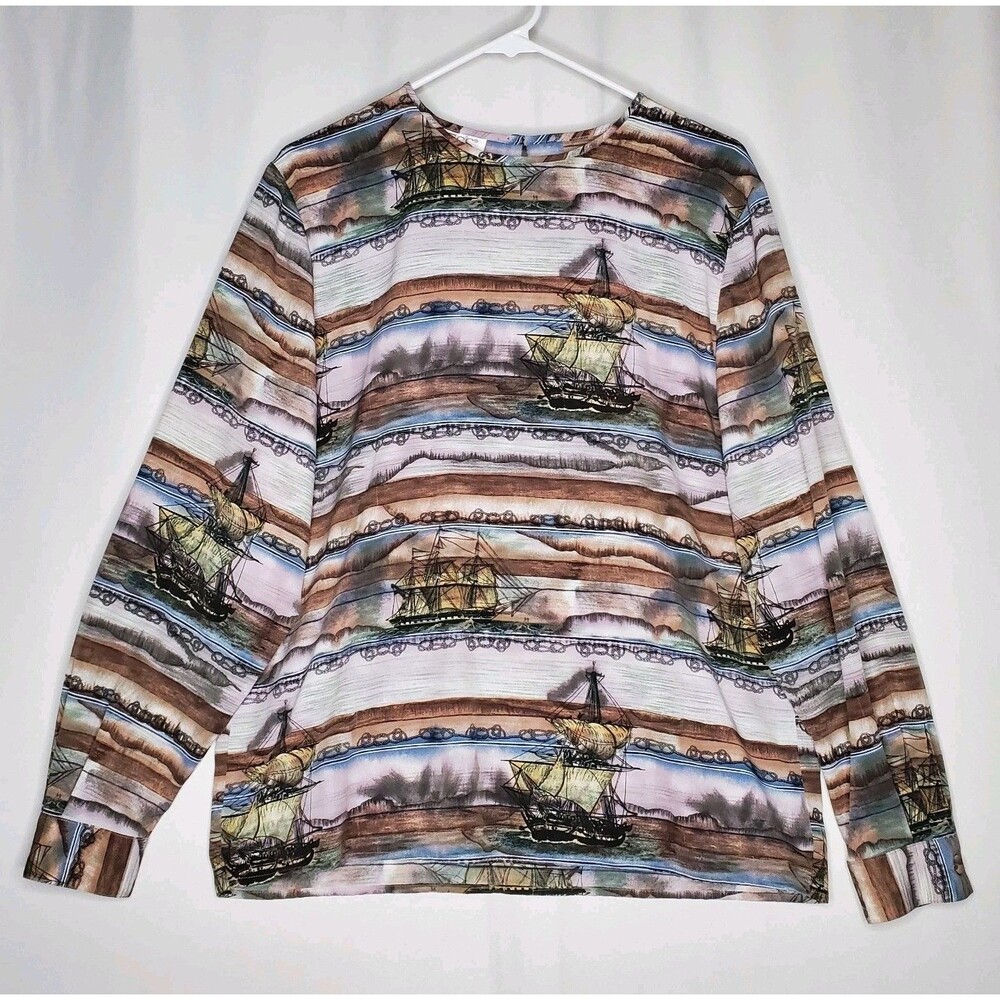 Tess Vtg Keyhole Blouse Women Large Nautical Boat Ship Chain Old Money Artisan‎